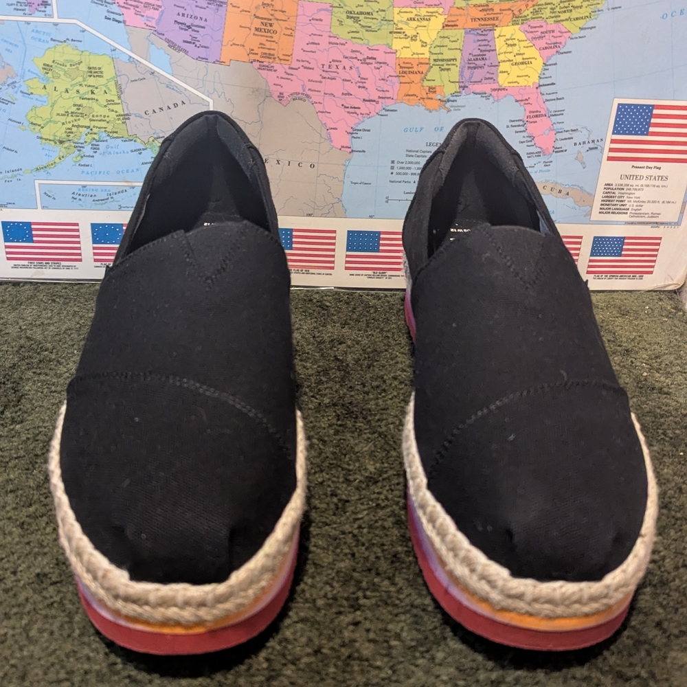 Toms Black and Red Espadrille Slip-Ons